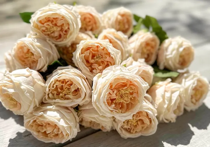 Flotte og naturtro ferskenfarvede roser