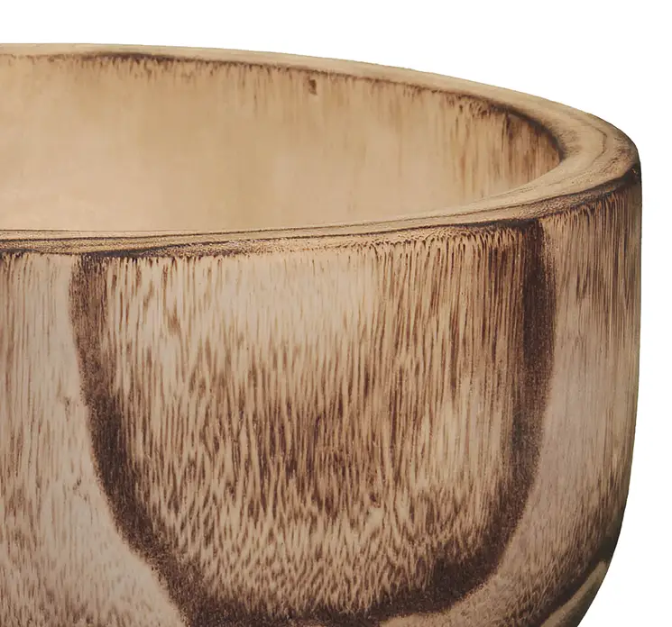 Skål rund af teaktræ i naturfarvet 28cm closeup