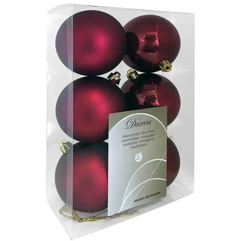 Bordeaux plastik julekugler, 3 mat og 3 blanke samlet i en pakke.