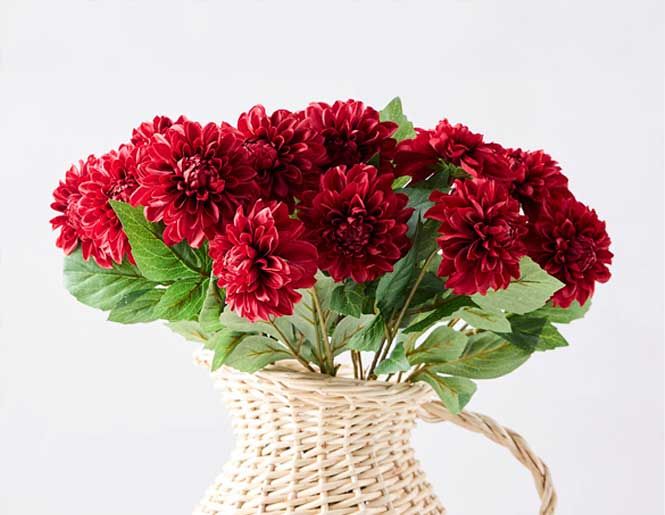 Mørkerøde dahlia i en flettet vase