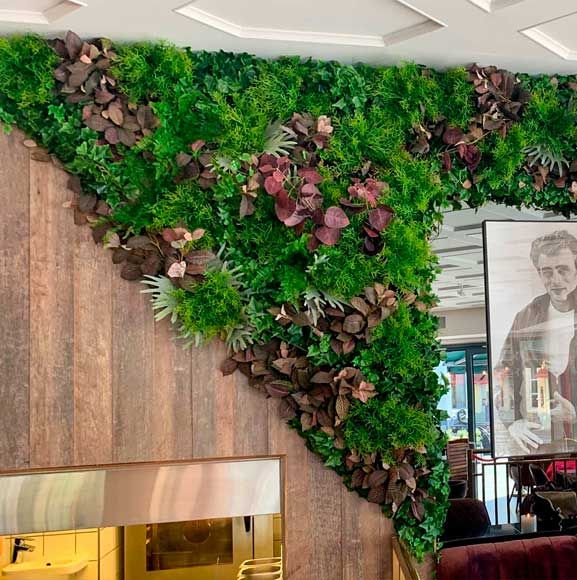 Indendørs plantevæg med forskellige planter