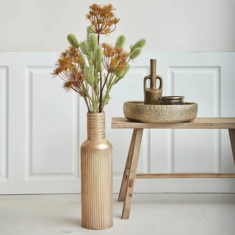 Buy Gulv flaske vase i metal, guld m mønster, 68cm