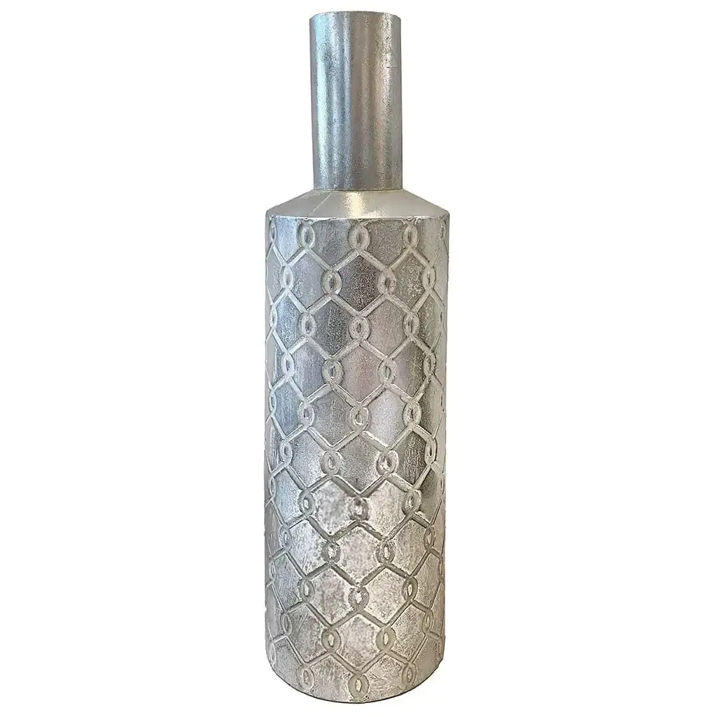 Buy Gulv flaske vase i metal, sølv m mønster, 68cm