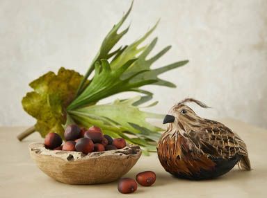 efterårsopsæstning med kunstig fasan, sat ved siden af lille træskål med kunstige kastanjer og en kunstig hjortetaksbregne