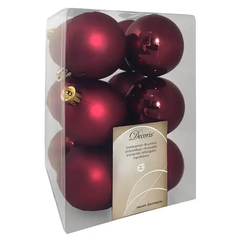 Julekugler i bordeaux, blanke og matte kugler, 12 stk. i alt
