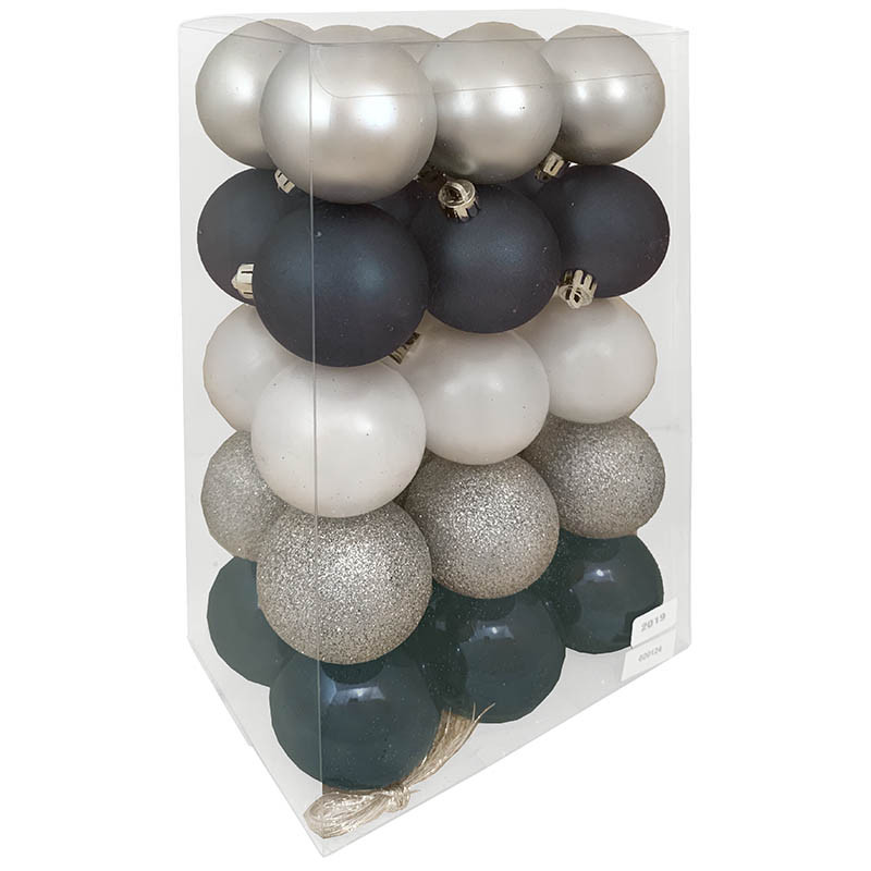 Julgranskulor, Vit-Silver-Mörkblå, 6 cm, 30 st. I