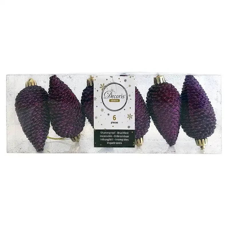 Køb Grankogler, 8cm med ophæng og glimmer, i 6 stk/pk, Lilla hos Brondsholm.dk