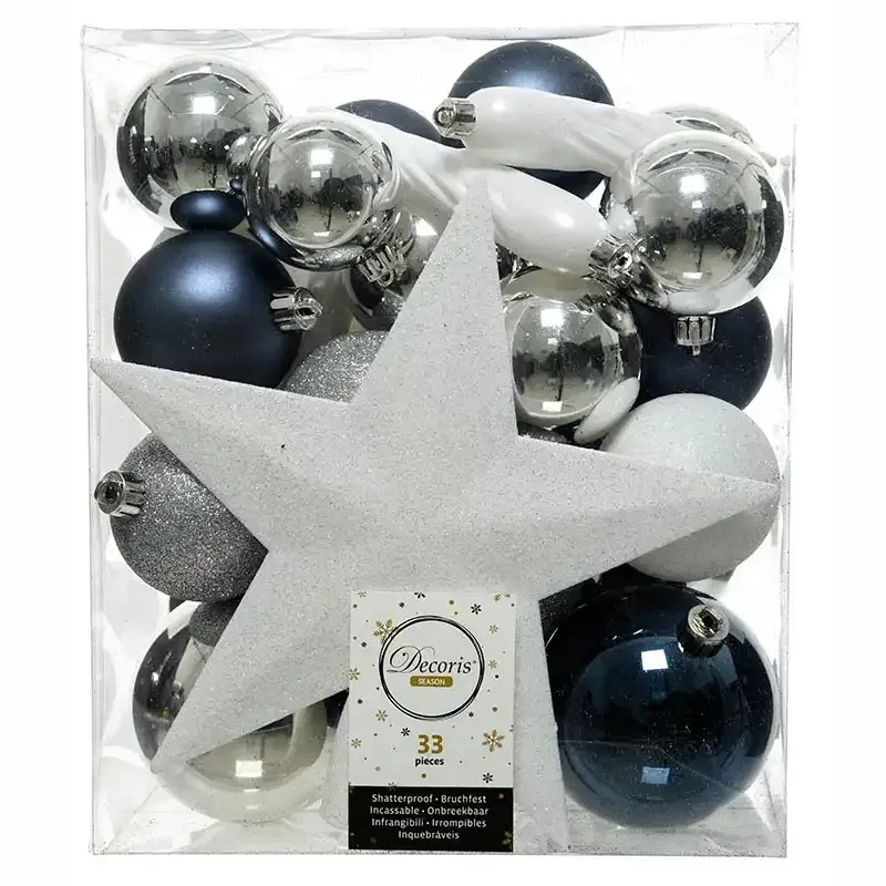 Køb Julekugle mix m Stjerne Blå, Hvid, Sølv hos Brondsholm.dk