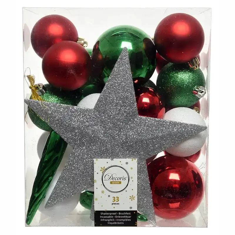 Køb Julekugle mix m Stjerne. Grøn, Rød, Hvid hos Brondsholm.dk