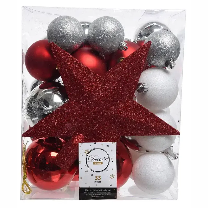 Køb Julekugle mix m Stjerne.Rød, Sølv, Hvid hos Brondsholm.dk