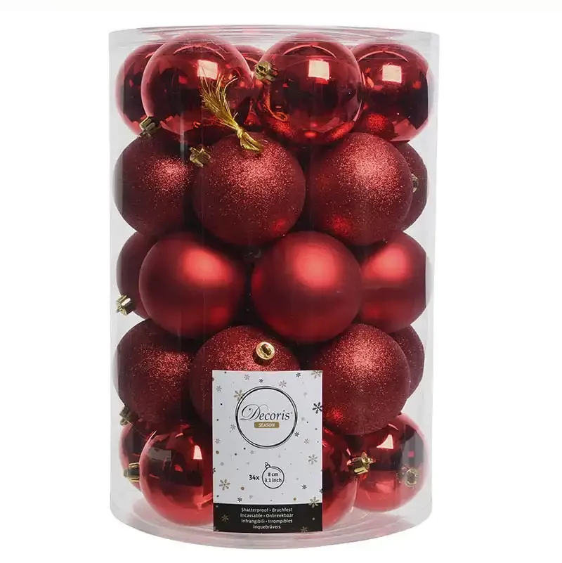 Køb Julekugler, Rød mix, 8cm, 34stk./pakke hos Brondsholm.dk