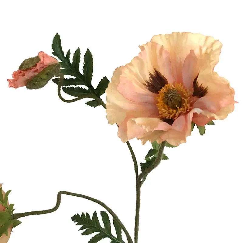 Køb Valmue, 3 fersken farvet blomster, 90cm, kunstig blomst hos Brondsholm.dk