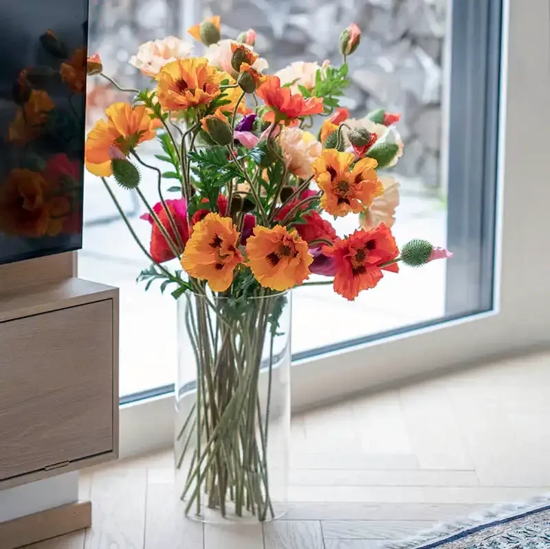 Køb Valmue, 3 fersken farvet blomster, 90cm, kunstig blomst hos Brondsholm.dk