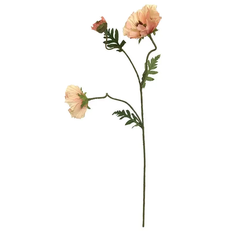 Køb Valmue, 3 fersken farvet blomster, 90cm, kunstig blomst hos Brondsholm.dk