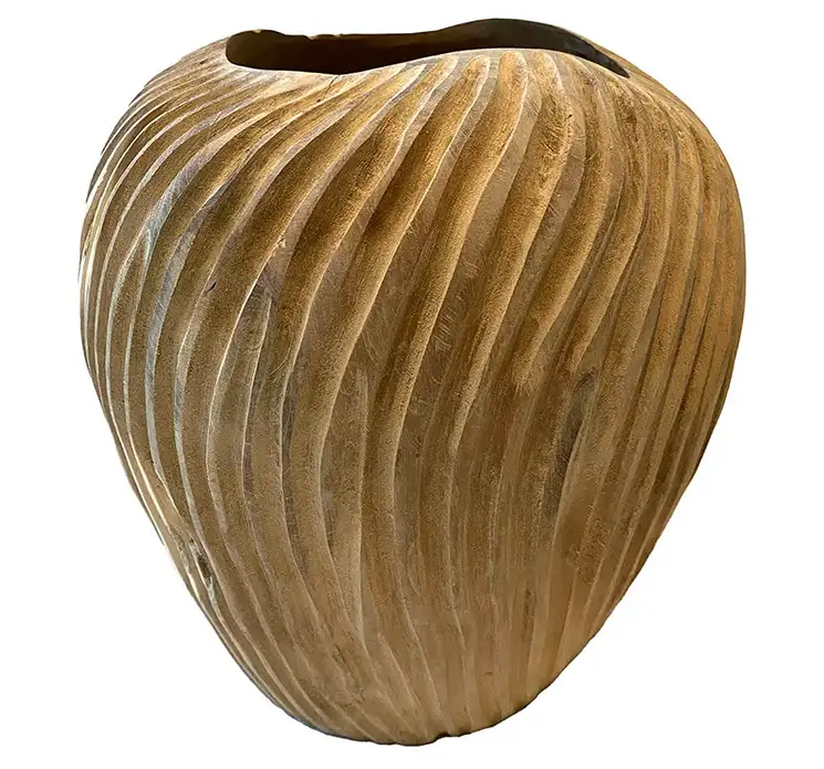 Krukke vase af teaktræ i naturfarvet med indgraveret mønster 24cm