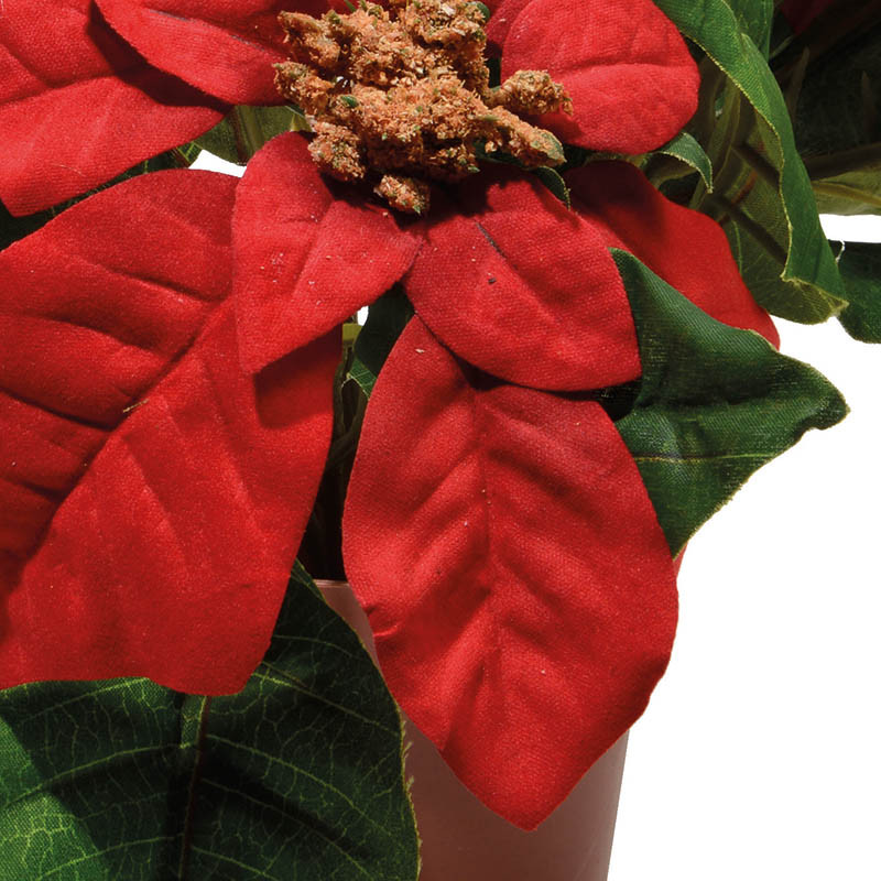 Kunstig rød julestjerne med grønne blade - 27 cm høj i brun potte