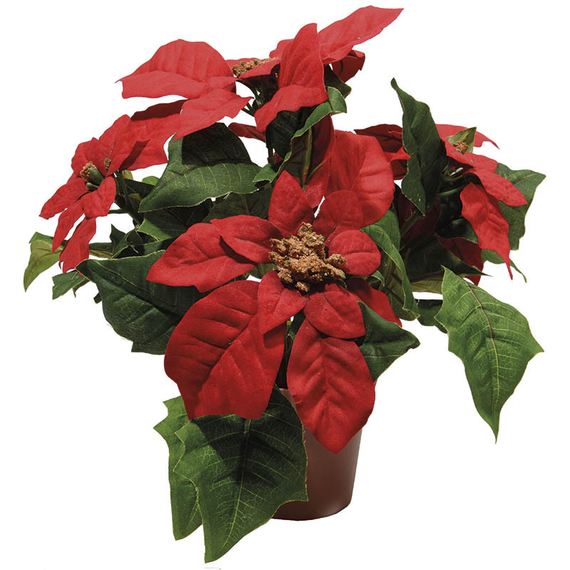 Kunstig rød julestjerne med grønne blade - 27 cm høj i brun potte