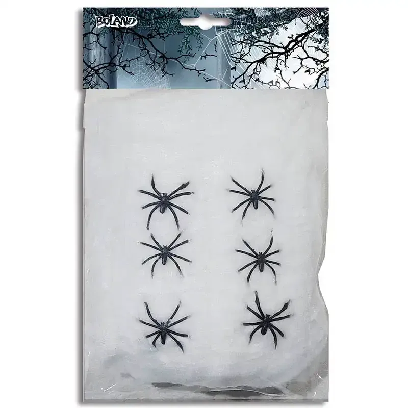 Syntetisk spindelvæv med 6 edderkopper - Halloween
