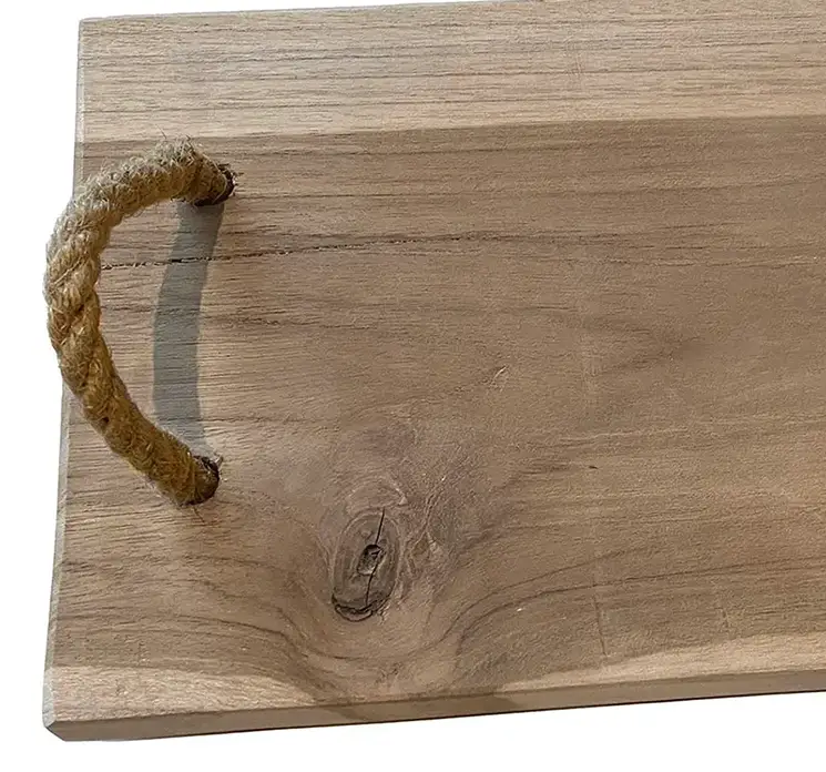 Bakke i teaktræ med håndtag af reb i naturfarvet 77cm closeup