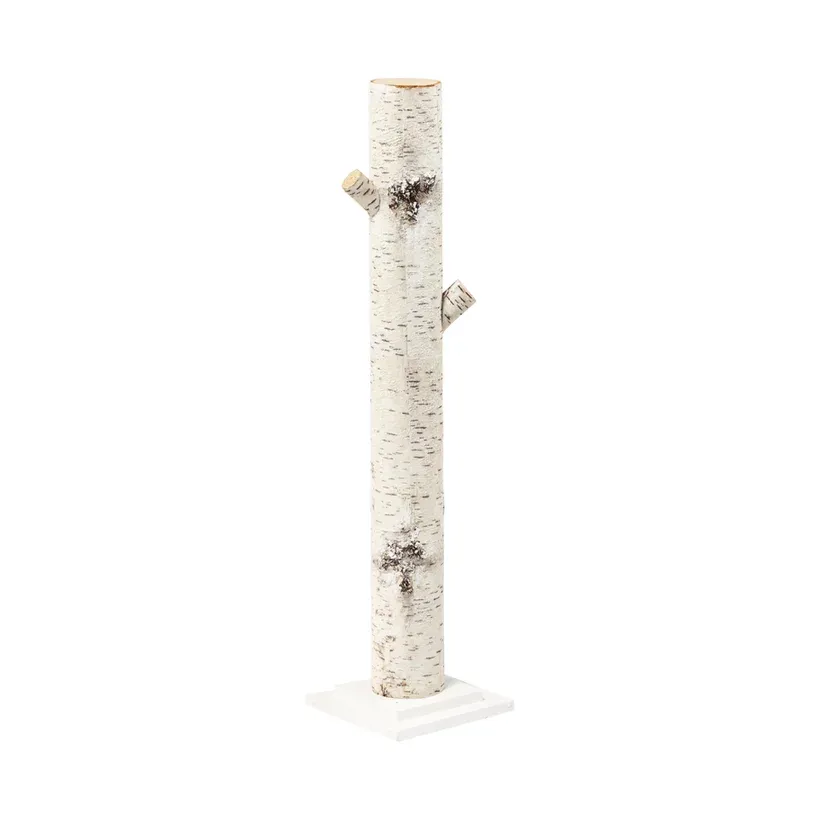 Birkestamme, styrofoam, 90cm høj, Ø10cm diameter, hvid bark, træ fod 21x21cm – Brøndsholm