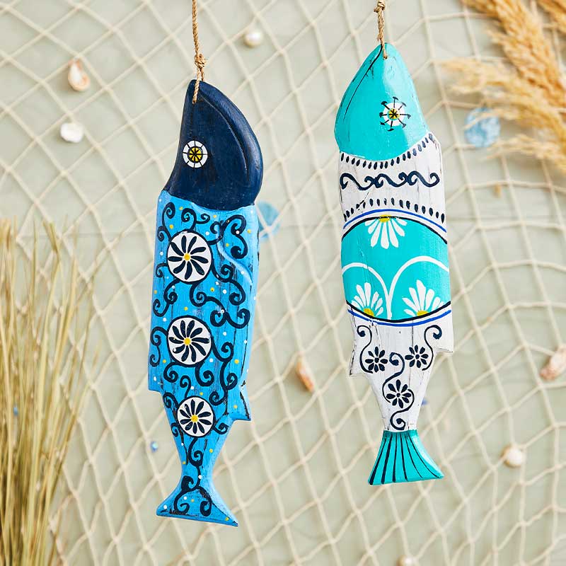 Køb blå fisk til dekoration i træ