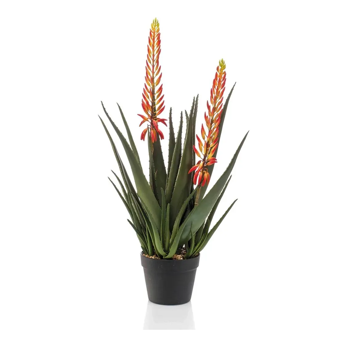 Blomstrende aloe vera i potte, 80cm, med orange blomster - kunstig plante – Brøndsholm