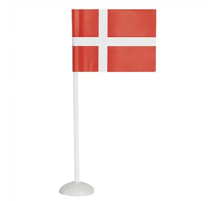 Bordflag på plast fod og pind med flag af papir dannebrog i rød og hvid