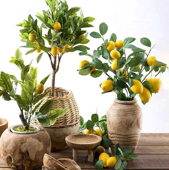 Kunstige citrontræer og grene sat i forskellige flotte trækrukker og vaser