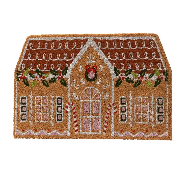 Dørmåtte formet som et julekagehus med i brun med rødt tag