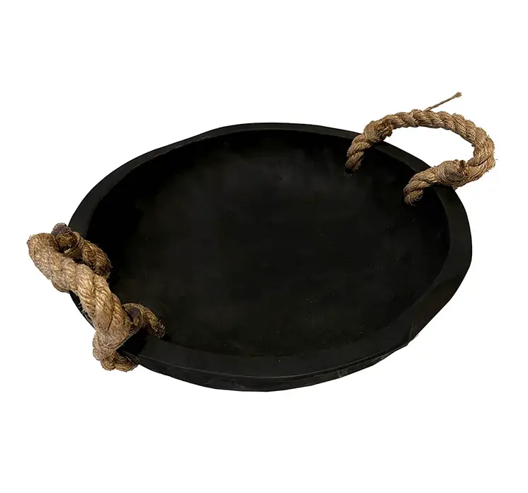 Fad af teaktræ i sort med håndtag af reb 48cm