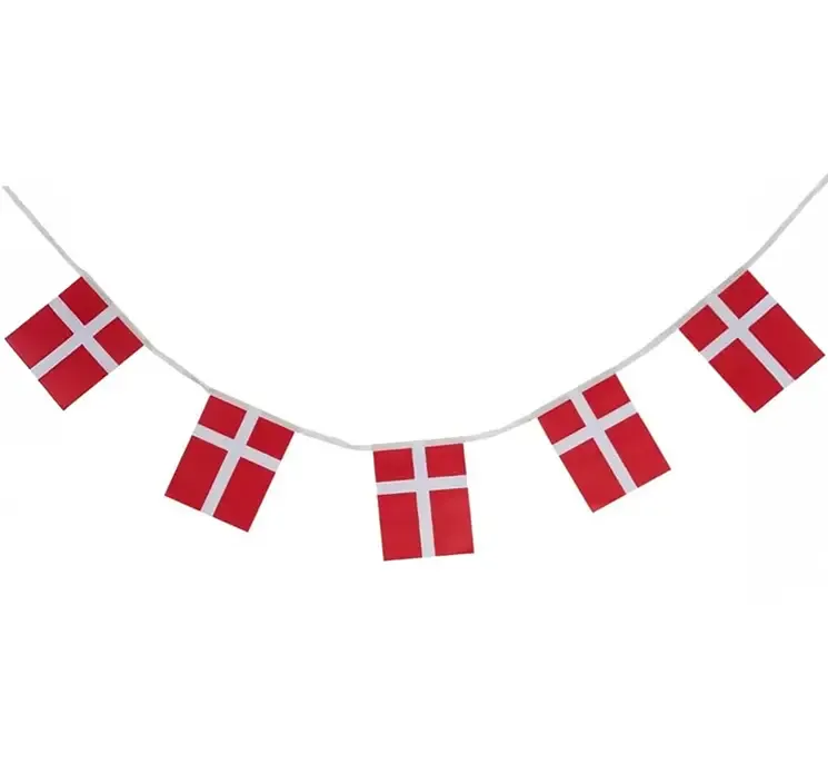 Flagranke med 8 dannebrogsflag af papir i rød og hvid, 2,5m