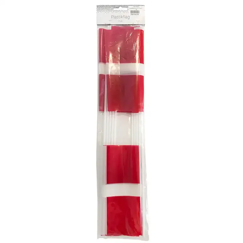 Plast flag på pind Dannebrog i rød og hvid 10 stk