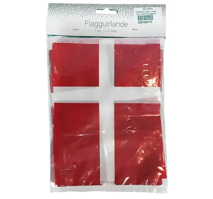 Flagguirlande af plast med dannebrogsflag i rød og hvid, 4m vist i pose