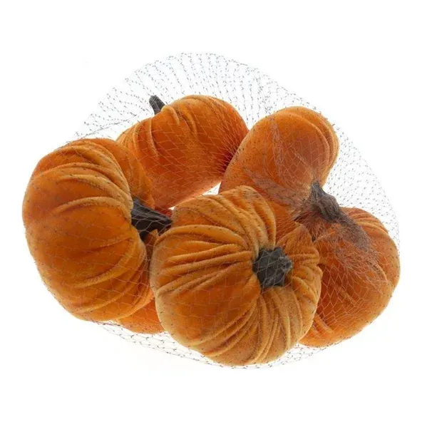 Kunstige orange velour-græskar i netpose, 6 stk, 10cm – Brøndsholm