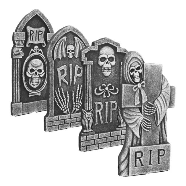 Gravsten med RIP-tekst til halloween, 41 x 20 cm, 4 assorterede motiver i flamingo – Brøndsholm