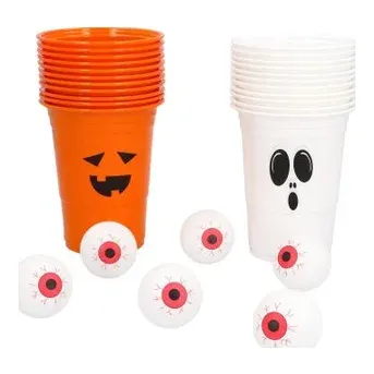 Halloween beer pong sæt med orange og hvide plastkopper og øjenæbler-bolde – Brøndsholm