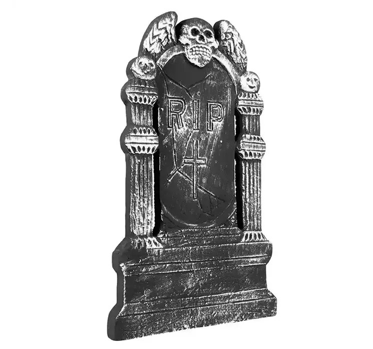 Gravsten med skriften RIP og kranie, af flamingo til halloween dekoration