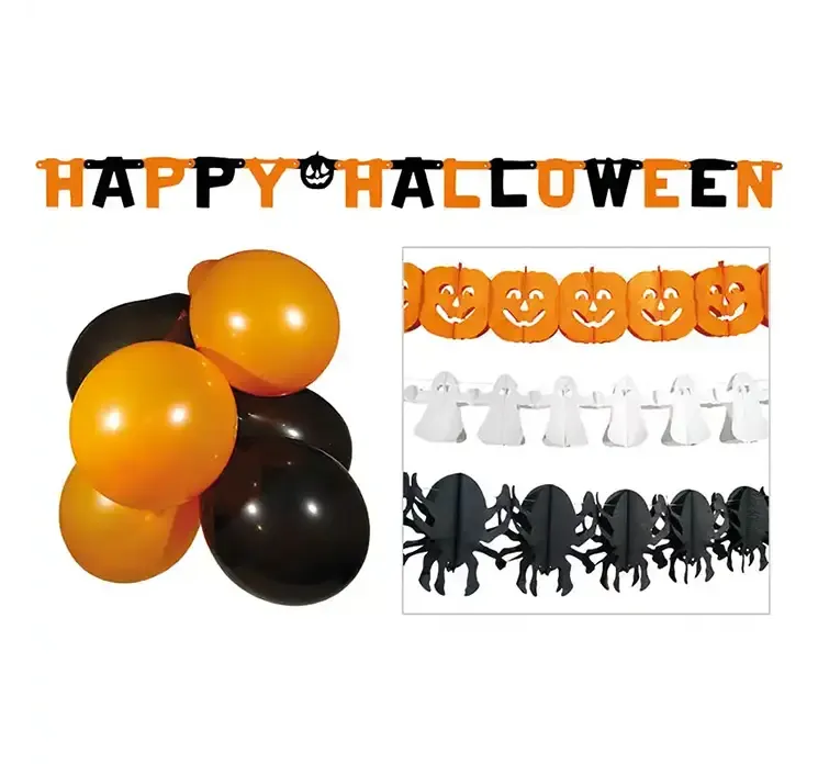 Halloween party sæt med balloner og ranker i sorte, hvide og orange farver