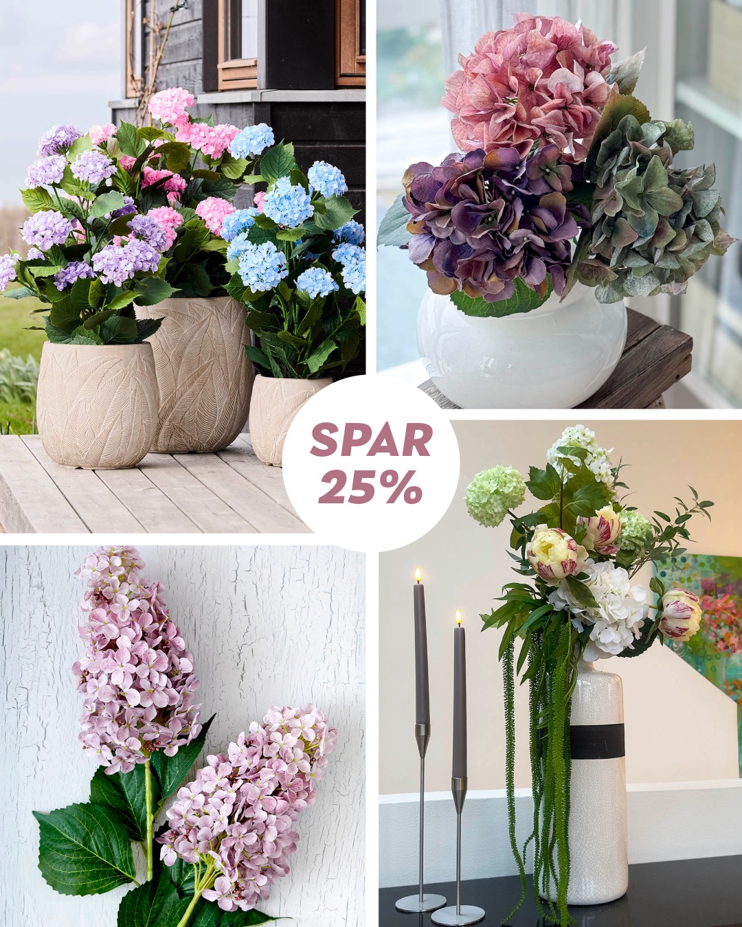 Denne uges fredagsfavorit er kunstige hortensiaer, og de er lige til at pynte op med, uanset om det er i en vase på spisebordet eller som en lille detalje i reolen.🌸
Lige nu kan du SPARE 25% på vores kunstige hortensiaer, og det gælder også vores UV-beskyttede hortensiaer i potter, der er perfekte til både ude og inde.

🌸 Smukke i en buket eller alene i en vase
☀️ UV-beskyttet (hortensia i sort potte)
⌚Rabatten gælder fra 1/5 t.o.m. 8/5-2026

👉 Køb dem via link i bio

#brøndsholm #hortensia #kunstighortensia #kunstigeblomster #evighedsblomster #udendørskunstigeblomster