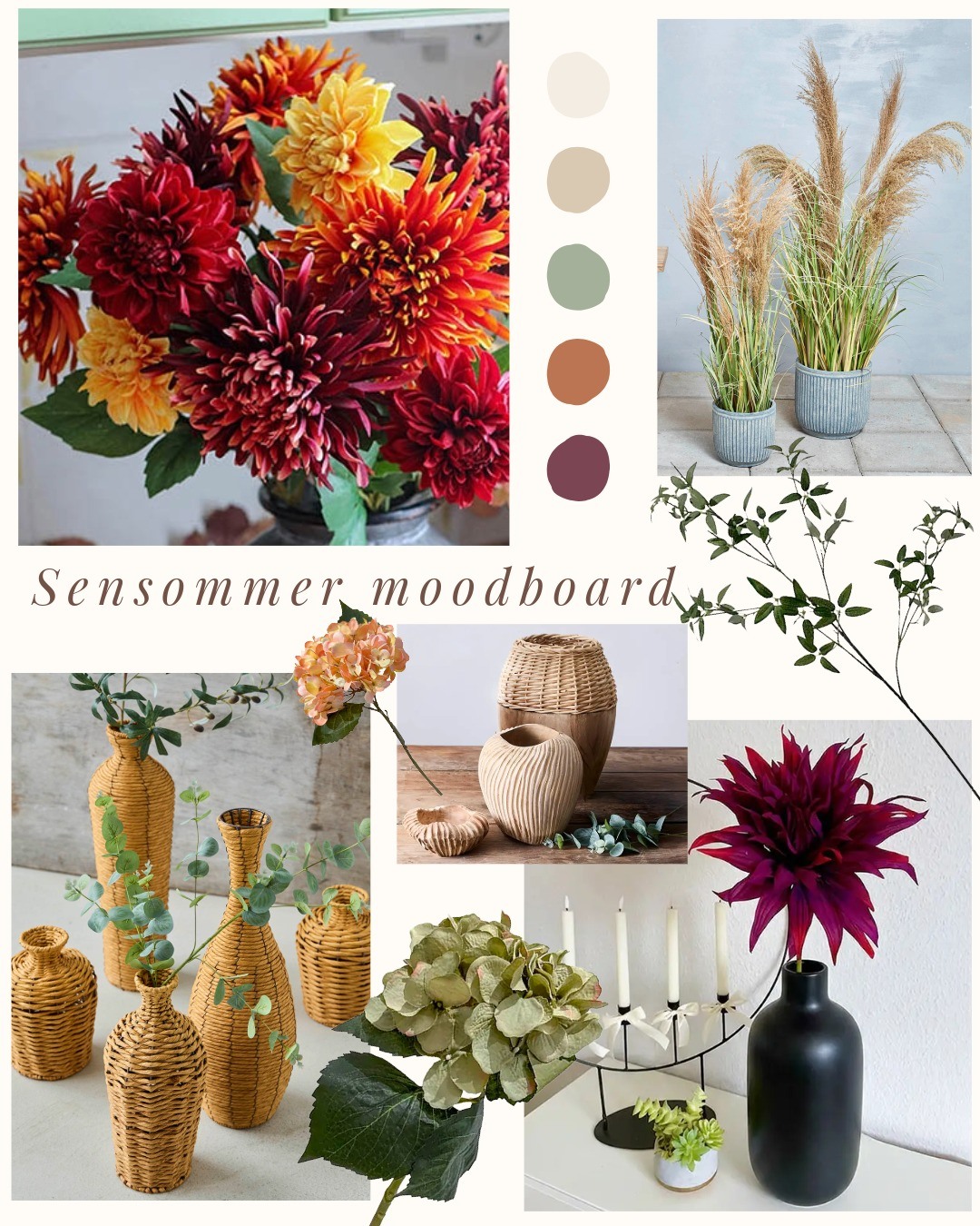 🤎🍂 SENSOMMER MOOD 🍂🤎
Varme jordtoner, bordeaux dahliaer, olivengrene og flettede vaser ✨
Et moodboard fyldt med sensommerens smukkeste nuancer og kunstige blomster, der holder sæsonens stemning levende lidt længere.
Gem opslaget som inspiration til din næste vaseopstilling 🌾
#brøndsholm #sensommer #moodboard #kunstigeblomster #olivengrene #homedecor #boliginspiration #nordiskindretning #efterårsfarver #interiør