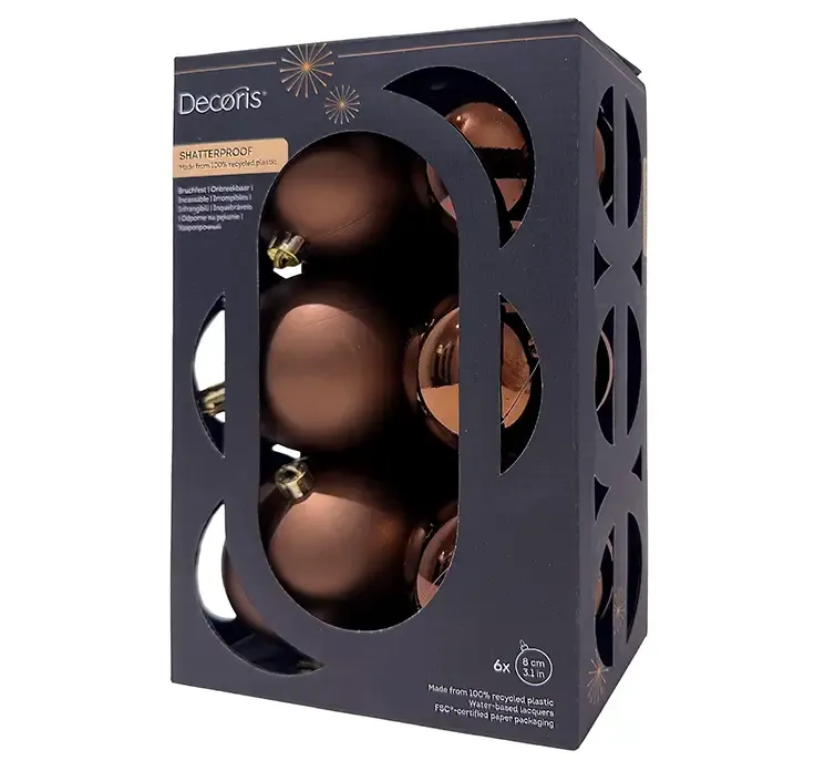 Julekugler af genbrugsplast i brun 8cm