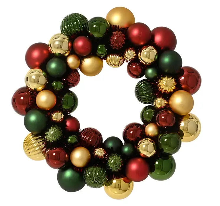 julekugle krans af plast med farver i rød, guld og grøn