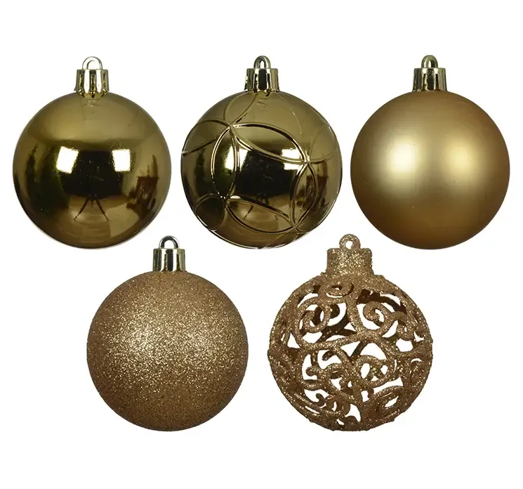 Julekugle mix i guld af genbrugsplast 6cm closeup