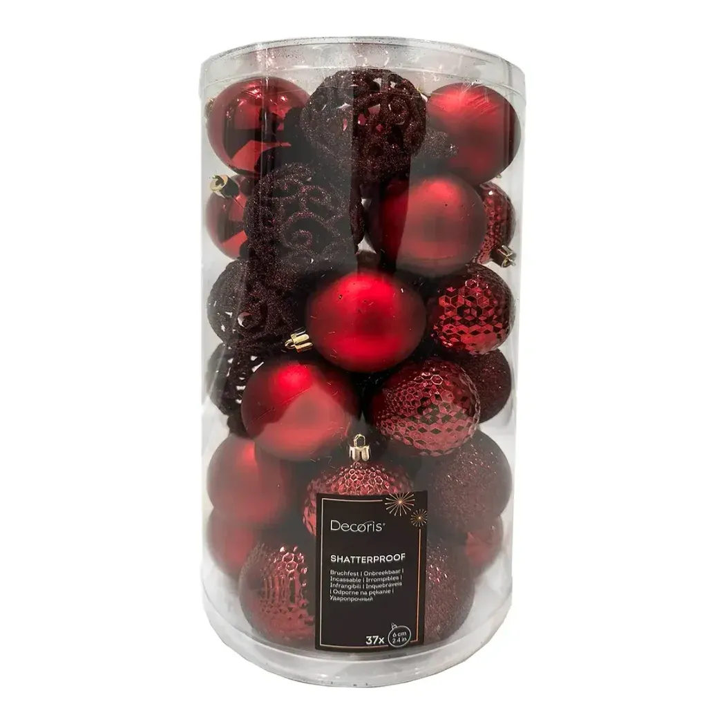 Julekugler mix af plast i bordeaux