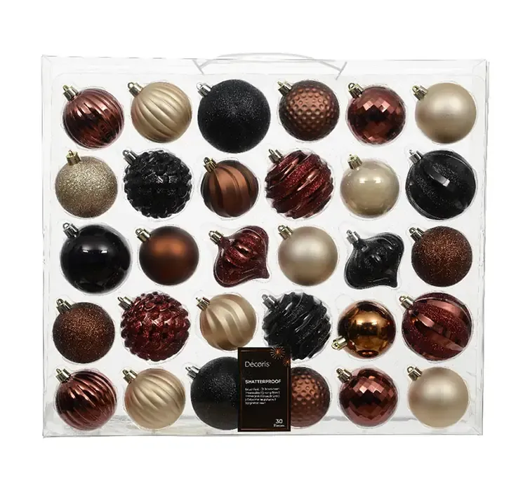 Julekugle mix i blandede former og farver som brun, sort og champagne