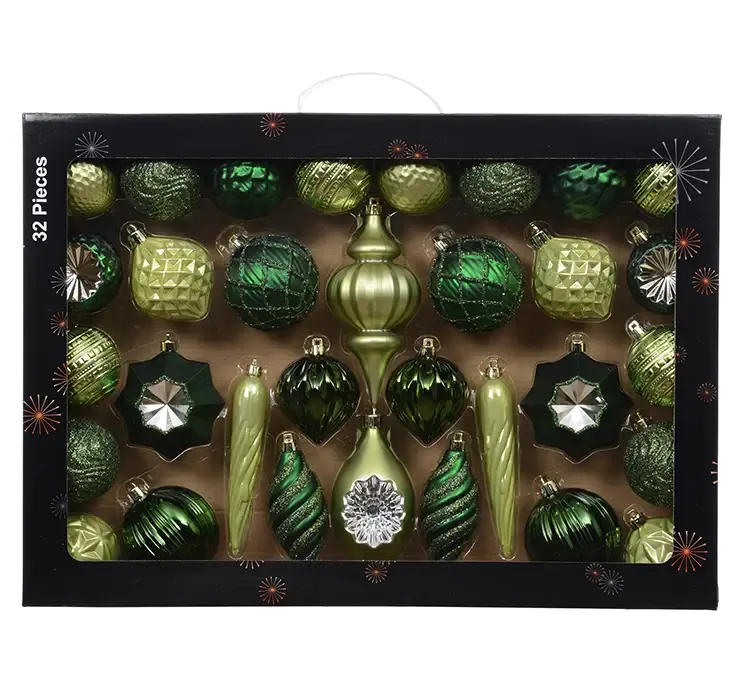 Julekugle mix af plast i grøn med julekugler i forskellige udformninger