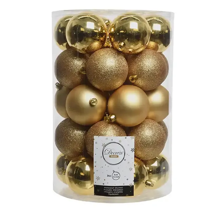 julekugler af plast i guldfarvet, mat, blank og med glimmer