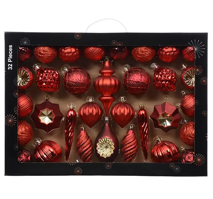 Julekugle mix af plast i rød med kugler i forskellige udformninger