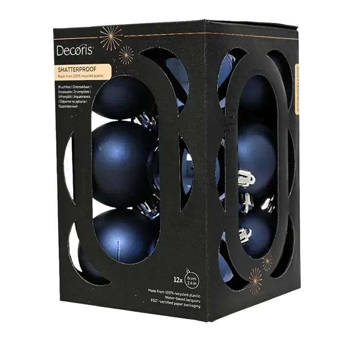 Julekugler af genbrugsplast i blå, blank og mat