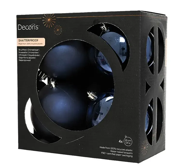 Julekugler af genbrugsplast i blå, blank og mat